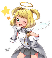 Rule 34 | 1girl, ;d, angel wings, artist name, blonde hair, blush, dated, elbow gloves, epaulettes, gloves, green eyes, halo, hand on own hip, kanya pyi, one eye closed, open mouth, otoca d&#039;or, prid (otoca d&#039;or), prid (otoca doll), short hair, short twintails, signature, simple background, skirt, smile, solo, twintails, two side up, wings