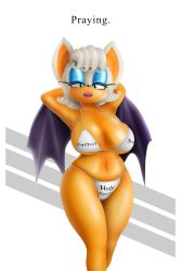 Rule 34 | 1girl, absurdres, armpits, arms behind head, bat wings, bikini, breasts, cleavage, english text, highres, large breasts, looking at viewer, makeup, navel, rouge the bat, sega, smile, solo, sonic (series), swimsuit, thick thighs, thighs, white bikini, wings
