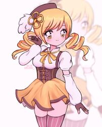 Rule 34 | 1girl, absurdres, artist name, beret, blonde hair, blush, breasts, brown corset, brown gloves, brown thighhighs, chellyko, corset, cowboy shot, detached sleeves, dot nose, drill hair, eyelashes, fingerless gloves, gloves, hair ornament, hat, highres, long hair, looking at viewer, magical girl, mahou shoujo madoka magica, medium breasts, miniskirt, polka dot, polka dot background, puffy detached sleeves, puffy short sleeves, puffy sleeves, shirt, short sleeves, skirt, smile, striped clothes, striped thighhighs, thighhighs, tomoe mami, twin drills, twintails, vertical-striped clothes, vertical-striped thighhighs, weapon, white background, white shirt, white sleeves, yellow eyes, yellow skirt, zoom layer