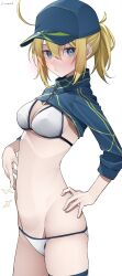 Rule 34 | 1girl, absurdres, ahoge, artist name, artoria pendragon (fate), baseball cap, bikini, blonde hair, blue eyes, blue hat, blue jacket, breasts, cleavage, cowboy shot, cropped jacket, fate/grand order, fate (series), from side, groin, hair through headwear, hand on own hip, hat, highres, hungry, jacket, kawai ritsu (rits meg), long sleeves, looking at viewer, medium breasts, medium hair, mysterious heroine x (fate), mysterious heroine xx (fate), navel, ponytail, shrug (clothing), sidelocks, simple background, solo, stomach growling, swimsuit, thigh strap, white background, white bikini, zipper pull tab