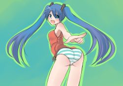 Rule 34 | 1girl, ass, bad id, bad pixiv id, blue hair, blush, from behind, hatsune miku, kazenoko, long hair, looking at viewer, looking back, open mouth, panties, solo, striped clothes, striped panties, twintails, underwear, very long hair, vocaloid