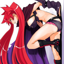 Rule 34 | 1girl, aq interactive, arcana heart, arcana heart 3, arm support, ass, atlus, belt, bent over, boots, breasts, cape, crop top, cutoffs, denim, denim shorts, detached sleeves, evil grin, evil smile, examu, floating hair, from side, grin, knee boots, large breasts, leg up, long hair, looking afar, low twintails, midriff, profile, red eyes, red hair, scharlachrot, shadow, short shorts, shorts, sideboob, simple background, sitting, skindentation, sleeves past wrists, smile, solo, takashi moritaka, twintails, very long hair, white background, wind