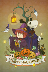 Rule 34 | 1boy, 1girl, anco mhym, bat wings, candy, cane, cross, elias ainsworth, food, ghost, halloween, halloween costume, hat, hatori chise, lantern, mahou tsukai no yome, pumpkin, red hair, skull, star (symbol), wings, witch, witch hat