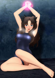Rule 34 | 1girl, absurdres, armpits, arms up, bare arms, bare legs, barefoot, black hair, blue one-piece swimsuit, blush, breasts, breasts apart, competition school swimsuit, embarrassed, fate/stay night, fate (series), feet, fingernails, full body, glowing, green eyes, hair between eyes, hair ribbon, heavy breathing, highres, large breasts, legs, long fingernails, long hair, looking at viewer, one-piece swimsuit, open mouth, own hands together, parted bangs, restrained, ribbon, school swimsuit, shiny clothes, sitting, sleeveless, solo, swimsuit, thighs, toes, tohsaka rin, twintails, two side up, yadokari genpachirou