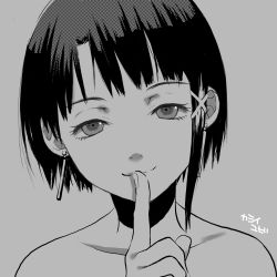 Rule 34 | 1girl, asymmetrical hair, bare shoulders, blunt bangs, close-up, closed mouth, grey background, greyscale, hair ornament, hairclip, highres, iwakura lain, looking at viewer, monochrome, portrait, serial experiments lain, short hair, simple background, solo, white background, yubi kamii