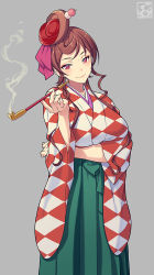 1girl argyle arm_under_breasts artist_logo artist_name breasts brown_hair closed_mouth commentary_request cowboy_shot green_hakama grey_background hair_bun hair_ornament hair_ribbon hairpin hakama hakama_skirt half-closed_eyes heart heart_hair holding holding_smoking_pipe japanese_clothes kimono kiseru logo long_sleeves looking_at_viewer pairan photoshop_(medium) pink_ribbon red_kimono ribbon short_hair sidelocks single_hair_bun skirt smile smoke smoking smoking_pipe solo swept_bangs wide_sleeves yuugiri_(zombie_land_saga) zombie_land_saga