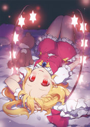 Rule 34 | 1girl, arm up, bed, beni kurage, blonde hair, blush, bow, bowtie, breasts, brooch, commentary request, fang, flandre scarlet, forehead, hat, hat ribbon, highres, jewelry, knees up, looking at viewer, lying, mob cap, no shoes, on back, parted lips, petticoat, pillow, puffy short sleeves, puffy sleeves, red eyes, red ribbon, red skirt, red vest, ribbon, shirt, short hair, short sleeves, skirt, skirt set, small breasts, smile, socks, solo, stuffed animal, stuffed toy, teddy bear, thighs, touhou, unworn hat, unworn headwear, vest, white hat, white shirt, white socks, wings, wrist cuffs, yellow bow, yellow bowtie