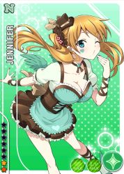 Rule 34 | 10s, 1girl, blue eyes, bow, breasts, card (medium), character name, choker, cleavage, downblouse, feathered wings, female focus, hat, heart, jennifer (love live!), large breasts, long hair, love live!, love live! school idol festival, love live! school idol project, mini hat, nail art, official art, one eye closed, solo, twintails, wings, wink