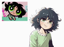Rule 34 | 1girl, animification, black hair, buttercup (ppg), buttercup redraw challenge (meme), collarbone, commentary, green eyes, green pajamas, han gong, highres, inset, looking at viewer, meme, messy hair, pajamas, powerpuff girls, short hair, simple background, smile, upper body, white background