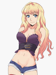 Rule 34 | 1girl, arms behind back, blonde hair, blue eyes, blue shorts, bracelet, breasts, chikkinage nage, cleavage, closed mouth, collarbone, contrapposto, cowboy shot, groin, highres, jewelry, long hair, looking at viewer, macross, macross frontier, medium breasts, micro shorts, midriff, navel, sheryl nome, shorts, simple background, smile, solo, standing, stomach, strapless, very long hair, white background