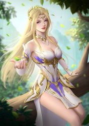 Rule 34 | 1girl, absurdres, armor, armored dress, bare legs, bare shoulders, blonde hair, blue eyes, douluo dalu, dress, gesture, hair ornament, hand up, highres, leaf, long hair, looking at viewer, qian renxue (douluo dalu), qian renxue zhuye, sitting, skirt, solo, tree, upper body, white dress