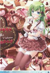 Rule 34 | 1girl, :o, absurdres, black thighhighs, blouse, blush, bra, breast hold, breast slip, breasts, candy, chocolate, chocolate heart, chocolate on body, chocolate on breasts, english text, female focus, food, food on body, frog, green hair, hair ornament, heart, highres, knees together feet apart, kochiya sanae, large breasts, lingerie, miyase mahiro, nipples, one breast out, open clothes, open shirt, ribbon, shirt, skirt, snake, solo, thighhighs, touhou, underwear, valentine