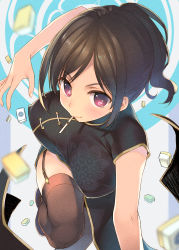 Rule 34 | 1girl, absurdres, arm at side, black dress, black footwear, black hair, blurry, blush, bouncing breasts, breasts, brown thighhighs, china dress, chinese clothes, closed mouth, covered erect nipples, depth of field, dress, eraser, fingernails, foreshortening, garter straps, hand up, highres, large breasts, leg up, looking at viewer, mouth hold, original, photoshop (medium), pink eyes, ponytail, running, shoes, short hair, short sleeves, side slit, sidelocks, simple background, smile, solo, tareme, tatami to hinoki, thighhighs, white background, zettai ryouiki
