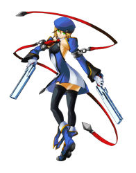 Rule 34 | 1girl, arc system works, arched back, beret, black thighhighs, blazblue, blazblue: continuum shift, blonde hair, blue footwear, boots, dress, dual wielding, duplicate, fighting stance, flat chest, from behind, full body, gloves, green eyes, gun, handgun, hat, holding, katou yuuki, looking back, necktie, noel vermillion, official art, ribbon, short dress, short hair, simple background, solo, standing, thighhighs, weapon