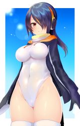 Rule 34 | 10s, 1girl, bad id, bad pixiv id, black hair, breasts, brown eyes, cameltoe, covered navel, cowboy shot, emperor penguin (kemono friends), hair over one eye, headphones, highleg, highleg leotard, highres, hood, hoodie, kemono friends, large breasts, leotard, long hair, looking at viewer, multicolored hair, open clothes, orange hair, smile, solo, sukemyon, thighhighs, white leotard, white thighhighs