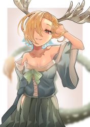 Rule 34 | 1girl, antlers, bad id, bad twitter id, blonde hair, blue shirt, breasts, collarbone, dragon horns, dragon tail, green skirt, hair over one eye, highres, horns, kicchou yachie, off-shoulder shirt, off shoulder, open mouth, pleated skirt, red eyes, shirt, short hair, skirt, small breasts, smile, solo, suarokin, tail, touhou, upper body, wide sleeves, yellow horns