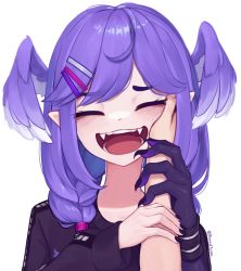 Rule 34 | 1girl, :d, black nails, black sweater, blush, claws, colored skin, commentary, english commentary, facing viewer, fangs, fingernails, hair ornament, hairclip, hand grab, hand on another&#039;s cheek, hand on another&#039;s face, head wings, highres, nail polish, nijisanji, nijisanji en, open mouth, pov, pov hands, purple hair, purple skin, selen tatsuki, simple background, smile, solo focus, sweater, virtual youtuber, white background, wings, yoako