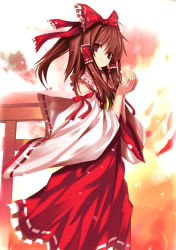 Rule 34 | 1girl, bad id, bad pixiv id, bow, brown eyes, brown hair, detached sleeves, duplicate, female focus, gradient background, hair bow, hakurei reimu, japanese clothes, miko, outdoors, shino (eefy), sky, solo, touhou, white background