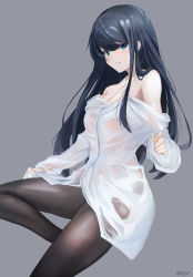 Rule 34 | 1girl, absurdres, aquaplus, bare shoulders, black hair, blue eyes, breasts, cleavage, clenched teeth, collarbone, feishi, from side, gradient eyes, hair between eyes, hair over breasts, hair over one breast, hair over shoulder, highres, knee up, large breasts, long hair, long sleeves, looking at viewer, multicolored eyes, off shoulder, pantyhose, raised eyebrows, see-through, see-through shirt, shirt, sidelocks, signature, solo, teeth, touma kazusa, very long hair, wet, wet clothes, wet shirt, white album, white album (series), white album 2, white shirt