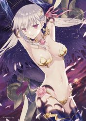 Rule 34 | 1girl, armlet, armor, armpits, arms up, artist name, bare shoulders, bikini armor, black thighhighs, breasts, choker, cleavage, closed mouth, collarbone, commentary request, cowboy shot, double exposure, earrings, elbow gloves, fate/grand order, fate (series), floating hair, flower, fubuki (fakemonkey0224), gloves, gold, hair ribbon, highleg, highres, jewelry, kama (fate), long hair, looking at viewer, medium breasts, navel, pasties, petals, pink flower, red eyes, red ribbon, revealing clothes, ribbon, silver hair, smile, solo, stomach, thighhighs, thighlet, twitter username, very long hair