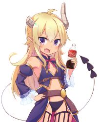 Rule 34 | 1girl, :d, ahoge, aki inu, blonde hair, blush, brand name imitation, broken horn, demon horns, demon tail, detached sleeves, fang, flat chest, hair between eyes, hand on own hip, highres, holding, horns, lilith (machikado mazoku), long hair, long sleeves, looking at viewer, machikado mazoku, open mouth, pointy ears, purple eyes, skin fang, smile, soda bottle, solo, tail, white background