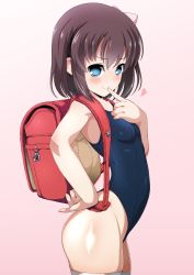 Rule 34 | 1girl, aged down, backpack, bag, blue eyes, blush, bow, breasts, brown hair, covered erect nipples, finger to mouth, hair bow, heart, highleg, highleg swimsuit, highres, looking at viewer, one-piece swimsuit, onjouji toki, randoseru, saki (manga), school swimsuit, short hair, small breasts, smile, solo, swimsuit, thighhighs, toki (manga), white thighhighs, xiao rui rui
