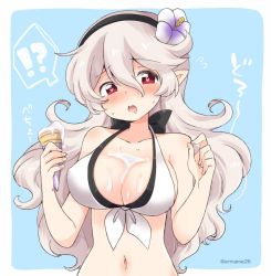 Rule 34 | !?, 1girl, bikini, black hairband, blue background, breasts, cleavage, corrin (female) (fire emblem), corrin (female) (summer) (fire emblem), corrin (fire emblem), eromame, fire emblem, fire emblem fates, fire emblem heroes, flower, food, hair flower, hair ornament, hairband, heart, heart-shaped pupils, holding, ice cream, large breasts, long hair, navel, nintendo, official alternate costume, open mouth, pointy ears, red eyes, simple background, solo, spoken interrobang, swimsuit, symbol-shaped pupils, twitter username, upper body, white hair