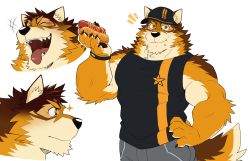 Rule 34 | !?, 1boy, ^^^, alternate costume, animal ears, arashi takemoto, bara, bare arms, bare shoulders, barrel (live a hero), baseball cap, beige fur, bite mark, black tank top, brown fur, collage, dog boy, dog ears, dog tail, eating, expressions, face, food bite, furry, furry male, grey pants, hand on own hip, hat, highres, hot dog, live a hero, looking at viewer, male focus, muscular, orange fur, pants, pectorals, short hair, shorts, sleeveless, sparkle, tail, tank top, tongue, tongue out, white background, white shorts