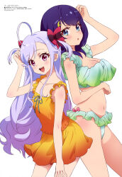 Rule 34 | 2girls, :d, :o, absurdres, ahoge, arm under breasts, bare arms, bikini, black hair, blue eyes, blue hair, breasts, cleavage, collarbone, green bikini, hair ornament, hair ribbon, highres, large breasts, long hair, looking at viewer, medium hair, megami magazine, multiple girls, navel, niizuma yae, official art, one-piece swimsuit, open mouth, orange one-piece swimsuit, purple eyes, ribbon, scan, shizuka (world dai star), sidelocks, simple background, small breasts, smile, standing, swimsuit, very long hair, white background, world dai star