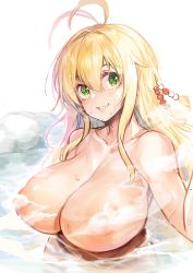 Rule 34 | 1girl, ajishio, antenna hair, blonde hair, blush, breasts, cleavage, collarbone, commentary, green eyes, grin, hair ornament, huge breasts, large breasts, long hair, looking at viewer, nipples, nude, onsen, partially submerged, sidelocks, smile, solo, steam, sweat, tsurumaki maki, upper body, voiceroid