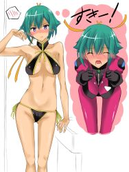 Rule 34 | 10s, 1girl, aqua hair, aquarion (series), aquarion evol, arm up, armpits, bent over, bikini, blush, bodysuit, breasts squeezed together, breasts, cleavage, confession, dendendert, embarrassed, closed eyes, frown, green hair, hair ribbon, halterneck, highres, large breasts, midriff, open mouth, pilot suit, plugsuit, purple eyes, ribbon, short hair, shouting, side-tie bikini bottom, spoken blush, swimsuit, thought bubble, underboob, zessica wong