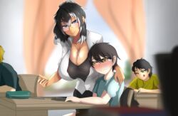 Rule 34 | 1girl, absurdres, ayamhutan artist, black hair, blue eyes, blush, breasts, dark-skinned female, dark skin, glasses, highres, jewelry, large breasts, long hair, necklace, see-through, see-through shirt, shion stone, teacher and student, teacher outfit, white hair