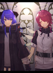 Rule 34 | 2girls, absurdres, arknights, black coat, black gloves, black horns, black wings, blue eyes, blue hair, closed eyes, closed mouth, coat, demon horns, energy wings, exusiai (arknights), facing viewer, gloves, grin, hair between eyes, hair over one eye, halo, head tilt, highres, holding hands, horns, interlocked fingers, letterboxed, long hair, looking at another, mostima (arknights), multiple girls, open clothes, open coat, penguin logistics logo, red hair, short hair, short sleeves, side-by-side, smile, uina, wings