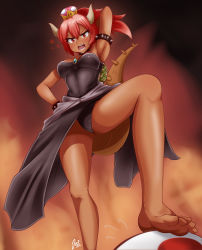 Rule 34 | &gt;:o, 1boy, 1girl, absurdres, anger vein, arm up, armlet, armpits, barefoot, black leotard, bowsette, bracelet, crown, dark skin, feet, from below, high ponytail, highres, horns, izuthree, jewelry, knee up, leotard, looking at viewer, mario (series), nintendo, panties, pantyshot, red eyes, red hair, shell, signature, simple background, spiked armlet, spiked bracelet, spikes, standing, stepped on, super crown, tail, toad (mario), toes, underwear, v-shaped eyebrows