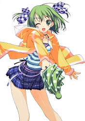 Rule 34 | 1girl, absurdres, bow, checkered bow, checkered clothes, fang, fangs, green eyes, green hair, hair bow, highres, looking at viewer, matching hair/eyes, murakami suigun, one eye closed, plaid, plaid skirt, short hair, simple background, skirt, solo, two side up, umbrella, white background, wink