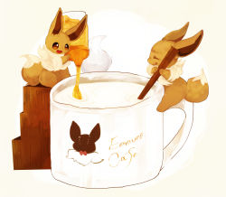 Rule 34 | :3, alternate color, animal focus, bad id, bad pixiv id, banchiku, beige background, blush, bottle, brown eyes, character name, closed mouth, creatures (company), cup, eevee, english text, fang, from side, full body, game freak, gen 1 pokemon, happy, holding, honey, licking lips, light blush, milk, mixing, mug, nintendo, no humans, nose blush, open mouth, pokemon, pokemon (creature), pouring, profile, shiny and normal, shiny pokemon, sideways mouth, simple background, sitting, smile, tongue, tongue out