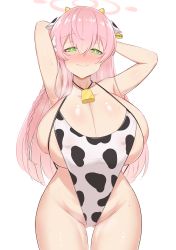 Rule 34 | 1girl, absurdres, alternate costume, animal ears, animal print, armpits, arms behind head, arms up, blue archive, blush, bow, braid, breasts, cleavage, closed mouth, cow ears, cow horns, cow print, cowbell, cowboy shot, curvy, ear tag, female pubic hair, full-face blush, gluteal fold, green eyes, groin, hair between eyes, hair bow, halo, hanako (blue archive), highres, horns, huge breasts, jewelry, long hair, looking at viewer, necklace, noe (ppppriver), one-piece swimsuit, pink hair, print swimsuit, pubic hair, pubic hair peek, pussy juice, simple background, skindentation, smile, solo, sweat, swimsuit, thigh gap, thighs, white background, white bow