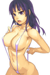 Rule 34 | 1girl, breasts, large breasts, long hair, navel, open mouth, original, purple eyes, purple hair, simple background, slingshot swimsuit, solo, swimsuit, white background, yuuji (and)
