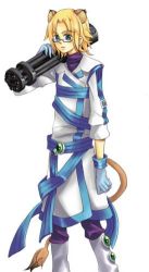 Rule 34 | 10s, animal ears, blonde hair, blue eyes, coat, gatling gun, glasses, gun, lion (trickster), lowres, male focus, solo, tail, trench coat, trickster (ntreev soft), weapon