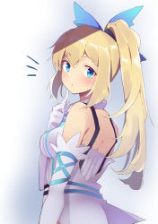 Rule 34 | 1girl, ^^^, arm at side, bare shoulders, blue background, blue ribbon, blush, breasts, closed mouth, commentary request, dress, elbow gloves, finger to own chin, from behind, gloves, gradient background, hair ribbon, high ponytail, highres, lamb (hitsujiniku), long hair, looking at viewer, looking back, medium breasts, mirai akari, mirai akari project, ribbon, sleeveless, sleeveless dress, solo, tareme, upper body, virtual youtuber, white dress