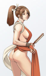 Rule 34 | ass, bare shoulders, breasts, brown eyes, brown hair, fatal fury, from behind, gentleman jc, hand fan, highres, large breasts, long hair, ponytail, shiranui mai, sideboob, sleeveless, the king of fighters, thong