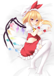 Rule 34 | 1girl, blonde hair, blouse, collared shirt, embodiment of scarlet devil, female focus, flandre scarlet, hair between eyes, hat, highres, kazami chiu, mob cap, ponytail, red eyes, red wrist cuffs, shirt, short hair, side ponytail, solo, thighhighs, touhou, white hat, white shirt, white thighhighs, wings, wrist cuffs