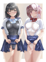 Rule 34 | 2girls, black hair, black one-piece swimsuit, blush, breasts, brown eyes, clothes lift, competition swimsuit, highleg, highleg swimsuit, large breasts, lifted by self, mashinatsu, multiple girls, one-piece swimsuit, open clothes, open shirt, original, pink hair, pleated skirt, red eyes, school uniform, short hair, skirt, skirt lift, swimsuit, swimsuit under clothes, two-tone background, two side up, white one-piece swimsuit