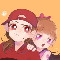 Rule 34 | 1boy, 1girl, blossom (ppg), blush, bow, brick (ppg), hair bow, hand on another&#039;s shoulder, hat, heart, highres, holding, holding behind back, long hair, open mouth, pink eyes, powerpuff girls, red eyes, red hair, sweatdrop