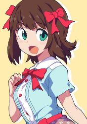 Rule 34 | 1girl, :d, amami haruka, blouse, bow, brown hair, buttons, censored, collared shirt, commentary, from side, green eyes, hair bow, hand up, highres, idolmaster, idolmaster (classic), open mouth, red bow, shirt, short sleeves, simple background, smile, solo, upper body, yellow background, yokoyoko (nazonazo)