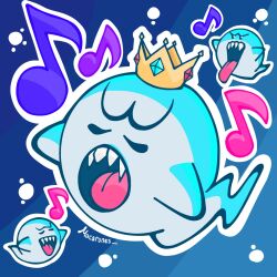 Rule 34 | 3boys, artist name, blue background, boo (mario), crown, ghost, ghost tail, highres, king boo, m4carunes, mario (series), multiple boys, music, musical note, nintendo, open mouth, singing, super mario bros. wonder, tongue, tongue out