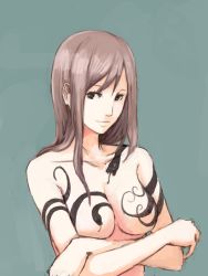 Rule 34 | 1girl, breasts, brown eyes, brown hair, censored, collarbone, convenient censoring, jittsu, light smile, long hair, original, smile, snake, solo, tattoo, topless