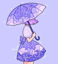 Rule 34 | 1girl, back bow, blunt ends, bow, cloud print, collared shirt, commentary, constellation print, cowboy shot, crescent print, emily kim, english commentary, frilled shirt collar, frilled sleeves, frills, holding, holding umbrella, instagram username, looking afar, miniskirt, original, planet, planetary ring, puffy short sleeves, puffy sleeves, purple background, purple bow, purple hair, purple shirt, purple skirt, purple theme, purple umbrella, shirt, short hair, short sleeves, simple background, skirt, solo, space print, sparkle, starry sky print, umbrella, wave print