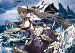 Rule 34 | 1girl, absurdres, anti-aircraft, anti-aircraft gun, azur lane, between breasts, bird, black dress, breasts, cleavage, cloud, cloudy sky, day, detached collar, dress, flight deck, formidable (azur lane), frilled dress, frills, gauntlets, gothic lolita, grey hair, hair ribbon, highres, island, large breasts, lolita fashion, long hair, looking at viewer, necktie, necktie between breasts, ocean, outdoors, red eyes, ribbon, rock, seagull, sky, solo, twice12314, twintails, two-tone dress, two-tone ribbon, very long hair, water, water drop, waving
