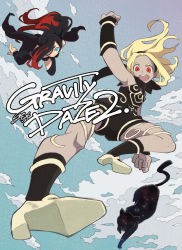 Rule 34 | 2girls, :d, animal, arm up, arm warmers, bare shoulders, black cat, black hair, black hairband, black legwear, black scarf, blonde hair, blue eyes, blue sky, breasts, cat, closed mouth, copyright name, crow (gravity daze), dark skin, dark-skinned female, day, dusty (gravity daze), from below, gravity daze, gravity daze 2, hair over one eye, hairband, high heels, io naomichi, kitten (gravity daze), long hair, midair, multicolored hair, multiple girls, open mouth, outdoors, red eyes, red hair, scarf, shoe soles, shoes, sky, small breasts, smile, socks, star (sky), strapless, teeth, thigh strap, two-tone hair, unitard, v-shaped eyebrows, yellow footwear